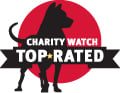 A logo featuring a silhouette of a dog against a red circle, with the text "CHARITY WATCH TOP-RATED" in bold.